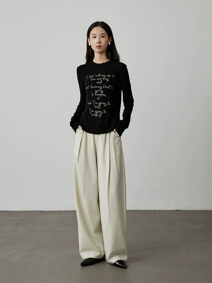 [Thinking T] CAREMIND Black Tencel Letter Printed Front Shoulder Long Sleeve T-Shirt Three-dimensional Art Sketch Top