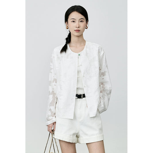 [Jacquard en relieve] Nueva camisa china de protección solar CAREMIND Chaqueta ligera de cuello redondo blanca Xiaoxiangfeng Top Otoño 