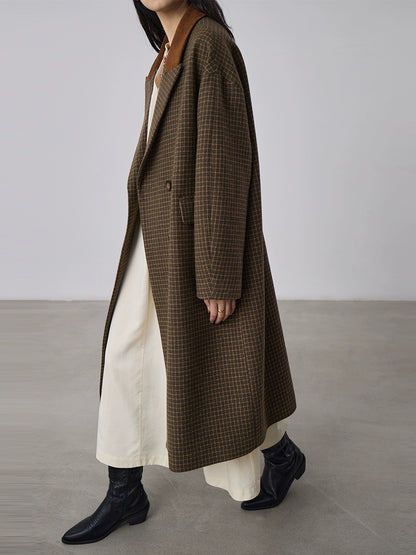 [Offre spéciale à durée limitée] Manteau long en laine à double boutonnage rétro, manteau en laine à motif de grille d'oiseau d'hiver swing