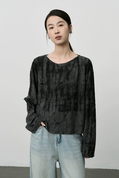 T-shirt à manches longues CAREMIND à motif de vieux trous, noir, tie-dye, haut polyvalent et paresseux pour le début du printemps