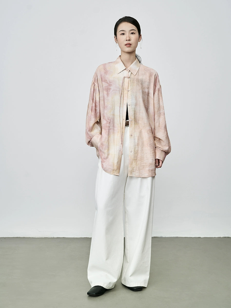 CAREMIND Nouvelle chemise à boutons fumés pêche chinoise Design d'été Tache d'encre Chemise à manches longues fine et climatisée