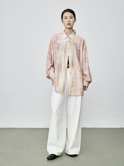 CAREMIND Nouvelle chemise à boutons fumés pêche chinoise Design d'été Tache d'encre Chemise à manches longues fine et climatisée