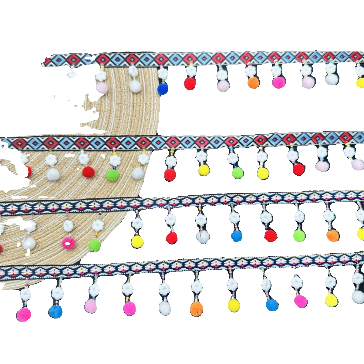 3718 Exquisita cortina de cuentas colgantes de estilo étnico con pequeñas bolas de pelo de color flor de ciruelo, accesorios de ropa para cortinas DIY de encaje