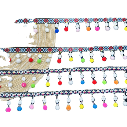 3718 Exquisita cortina de cuentas colgantes de estilo étnico con pequeñas bolas de pelo de color flor de ciruelo, accesorios de ropa para cortinas DIY de encaje