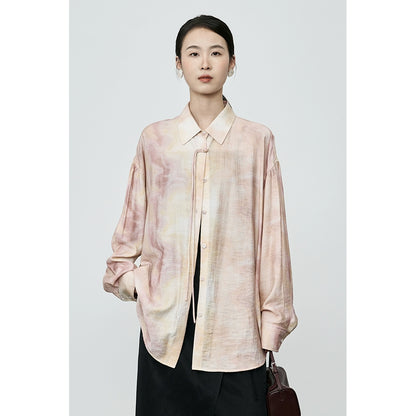 CAREMIND Nouvelle chemise à boutons fumés pêche chinoise Design d'été Tache d'encre Chemise à manches longues fine et climatisée