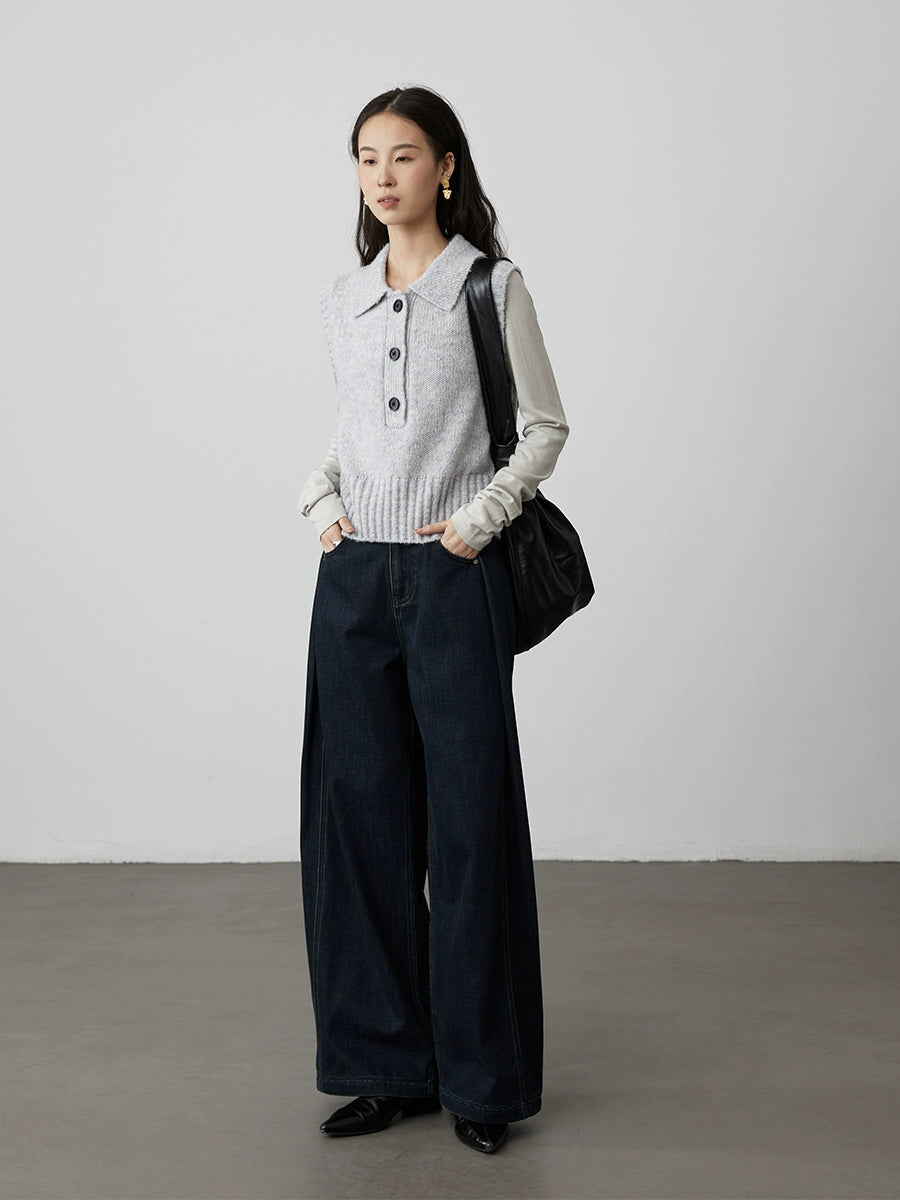 [Versatile pants type] CAREMIND dark blue high-waisted A-version wide-leg jeans, meat-covering and thin straight pants