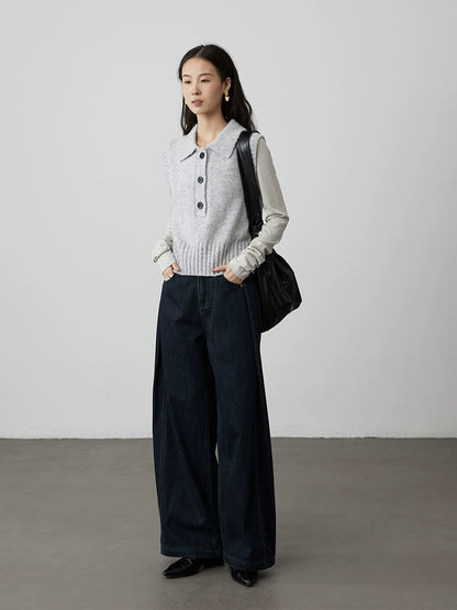 [Versatile pants type] CAREMIND dark blue high-waisted A-version wide-leg jeans, meat-covering and thin straight pants