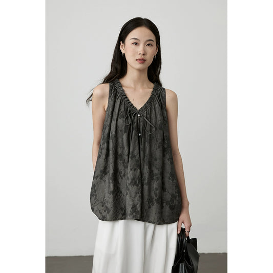 [Natsuki Chang] Camiseta sin mangas con borde de hongo francés CAREMIND, camisa casual holgada retro china para mujer 