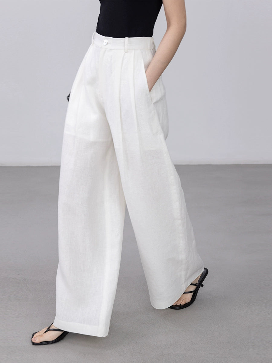 [Oferta por tiempo limitado] Pantalones rectos blancos de lino puro CAREMIND Pantalones casuales versátiles de cintura alta y pierna ancha 