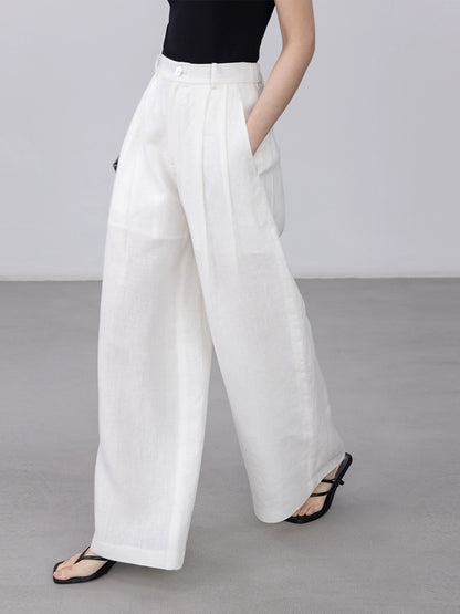 [Oferta por tiempo limitado] Pantalones rectos blancos de lino puro CAREMIND Pantalones casuales versátiles de cintura alta y pierna ancha 