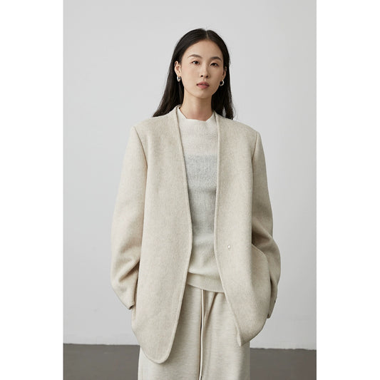 [Traje de lana sin cuello] Chaqueta francesa de pura lana CAREMIND, abrigo corto holgado de lana 