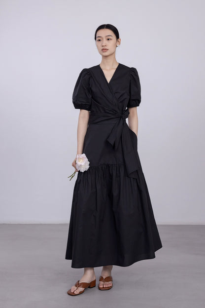 [Oferta especial por tiempo limitado] Conjunto de vestido de verano estilo Hepburn con top con mangas abullonadas y falda tipo paraguas con tirantes en la cintura 