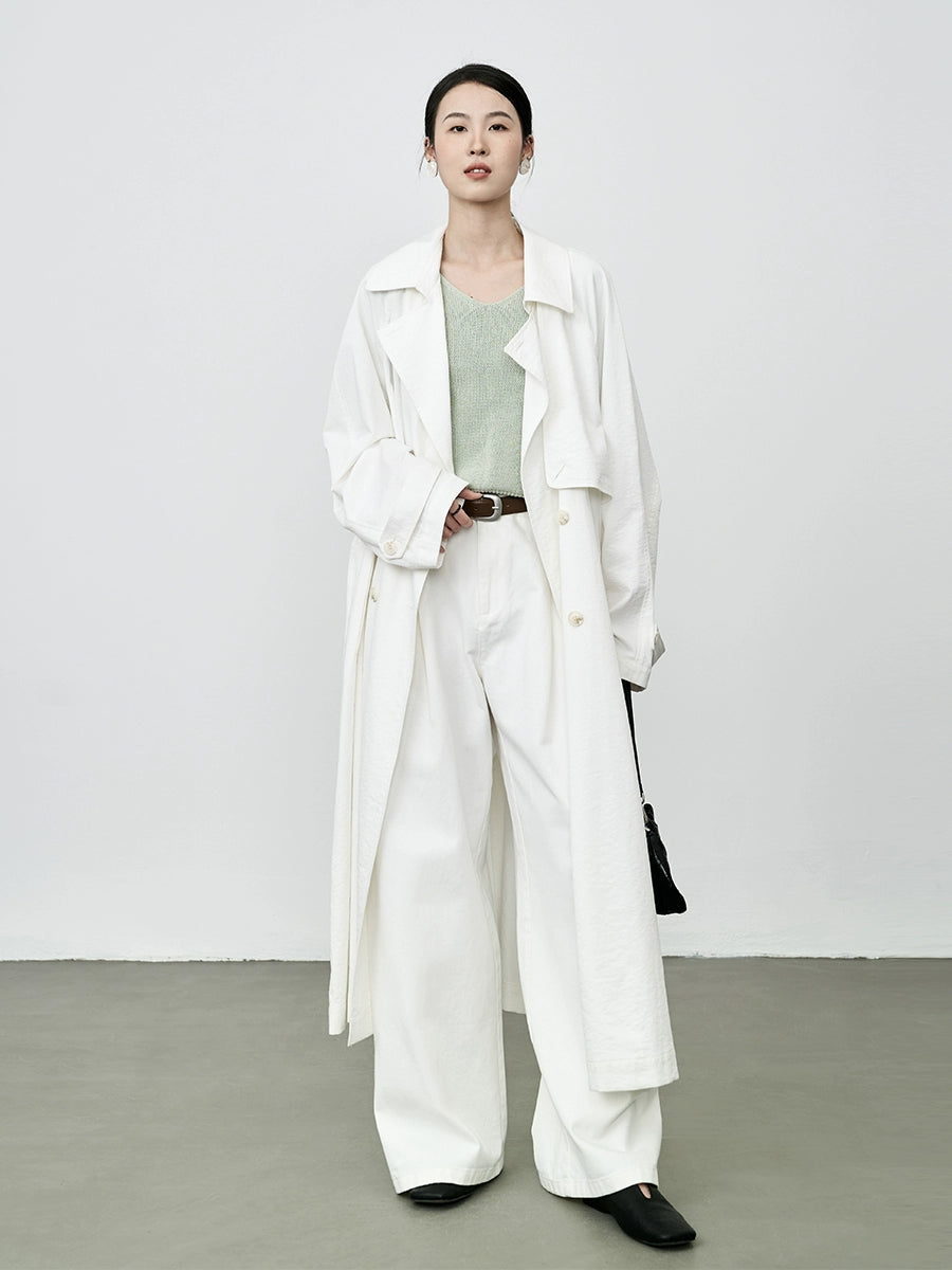 CAREMIND Gabardina blanca ligera y texturizada para mujer, abrigo largo informal de temperamento francés para otoño 