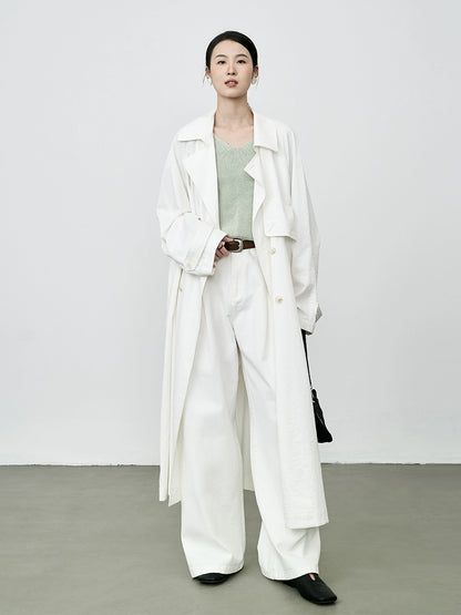 CAREMIND Gabardina blanca ligera y texturizada para mujer, abrigo largo informal de temperamento francés para otoño 