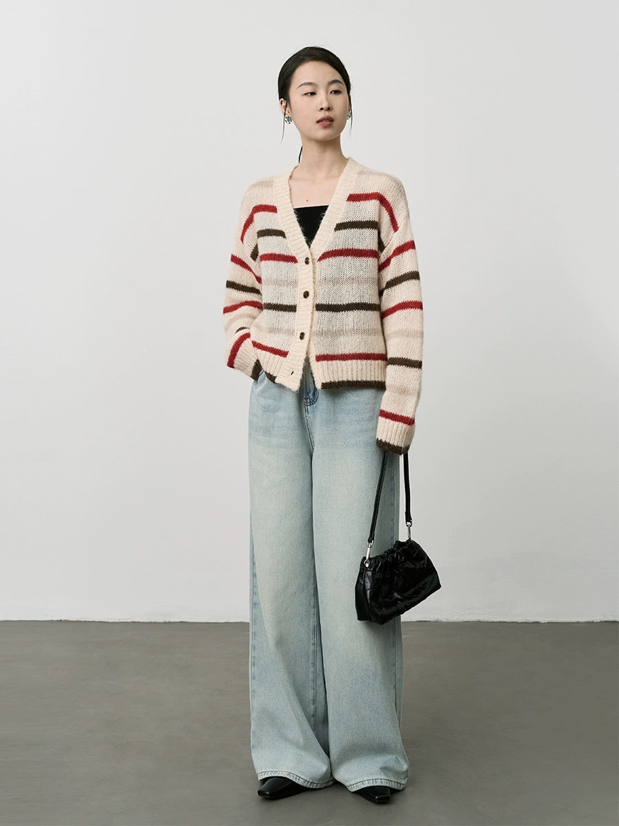 Chaqueta de punto con textura de mohair de primera calidad para mujer, cárdigan retro japonés de color contrastante de CAREMIND 