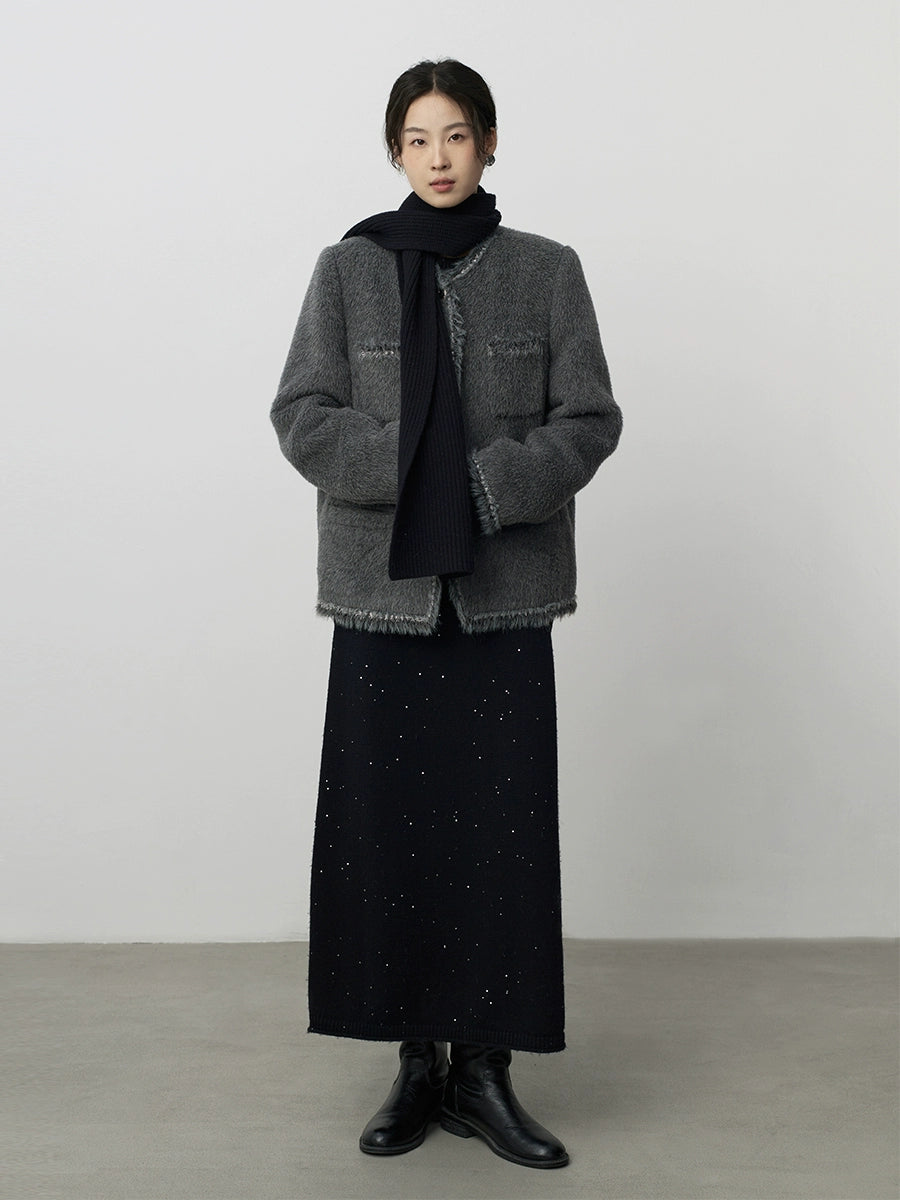 CAREMIND Suli Alpaca Light Ripe Small Fragrant Wind - Chaqueta de manga larga cálida de felpa gris con cuello redondo para mujer 