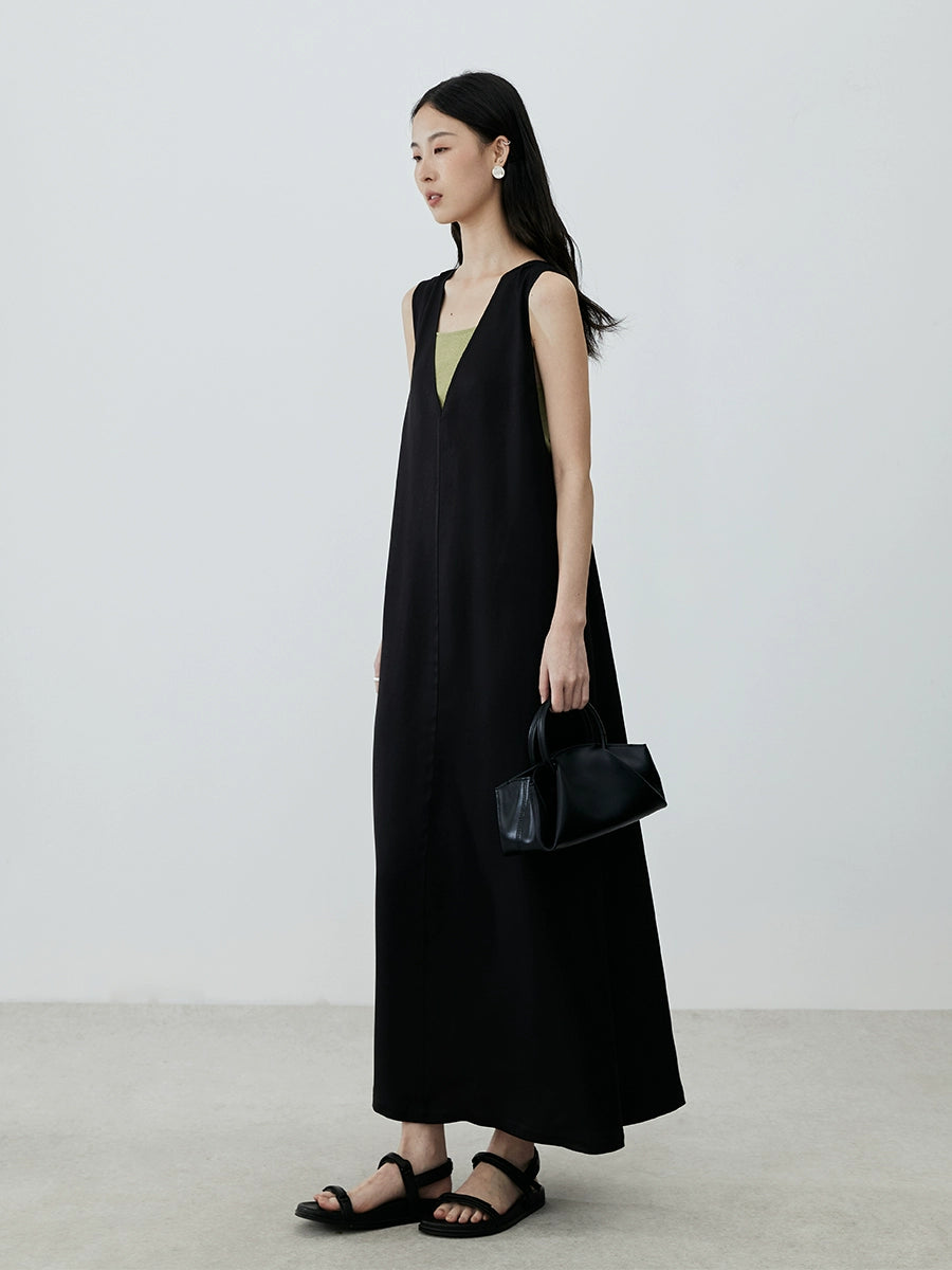 [Vistazo elegante] Vestido tipo chaleco de tencel premium negro CAREMIND, falda apilada sin mangas con cuello en V para otoño 
