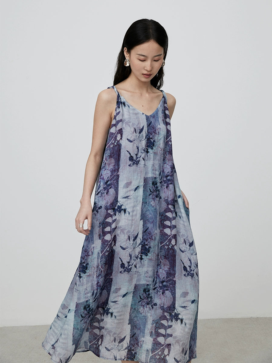 Vestido retro holgado sin mangas con falda con tirantes y estampado morado para vacaciones en la playa de CAREMIND 
