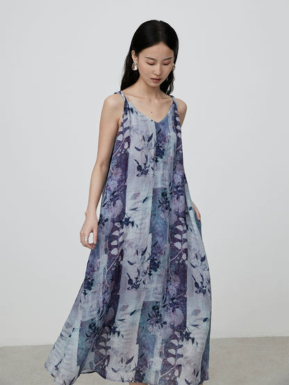 Vestido retro holgado sin mangas con falda con tirantes y estampado morado para vacaciones en la playa de CAREMIND 