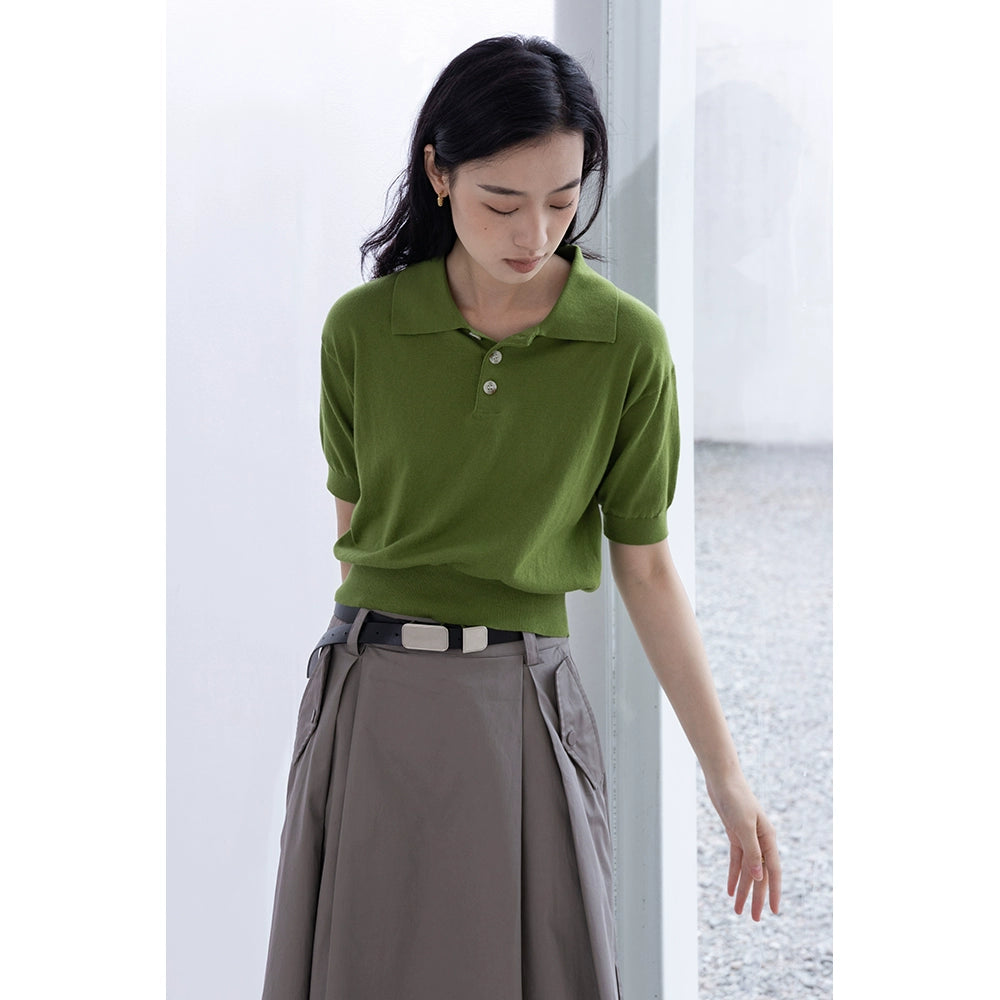 [Oferta por tiempo limitado] Camiseta de manga corta de punto con solapa tipo polo de color liso y temperamento sencillo 