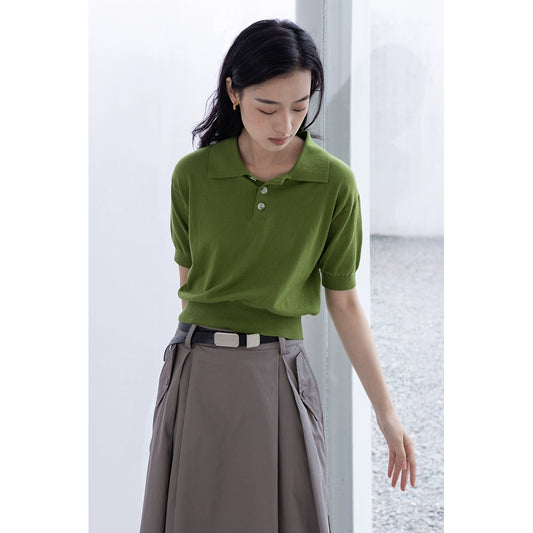 [Oferta por tiempo limitado] Camiseta de manga corta de punto con solapa tipo polo de color liso y temperamento sencillo 