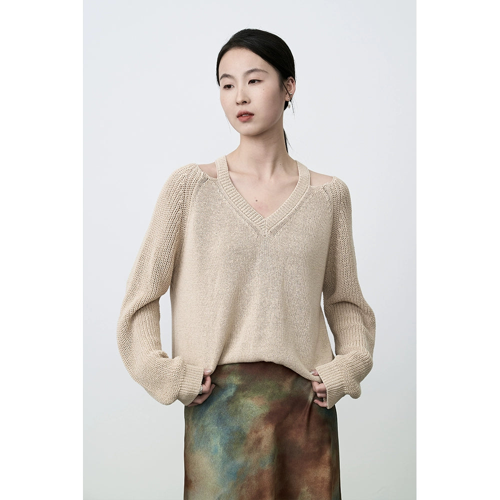 Suéter de punto con temperamento de clavícula y hombros ajustados de CAREMIND, top relajado y holgado para principios de primavera 