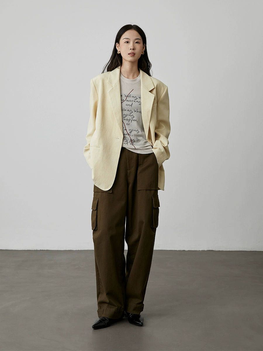 [City Tooling] Pantalones de trabajo holgados y rectos color verde oliva CAREMIND para mujer, de cintura alta, con múltiples bolsillos y pernera ancha 