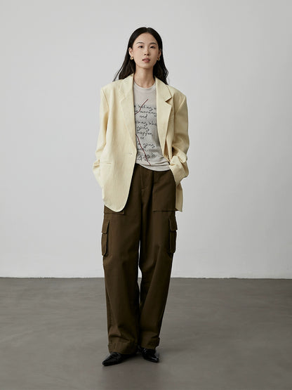 [City Tooling] Pantalones de trabajo holgados y rectos color verde oliva CAREMIND para mujer, de cintura alta, con múltiples bolsillos y pernera ancha 