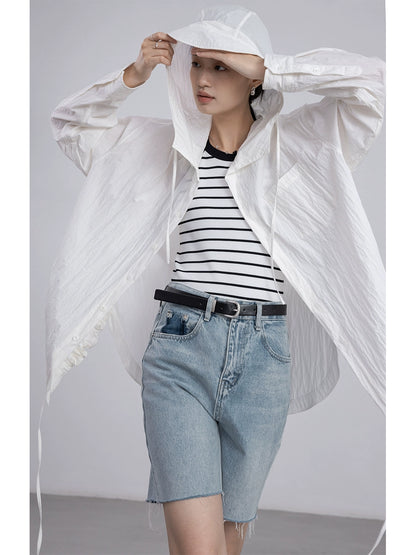 [Oferta por tiempo limitado] Chaqueta tipo cárdigan con capucha y cordón fino para mujer, holgada, a la moda, color blanco, con protección solar 