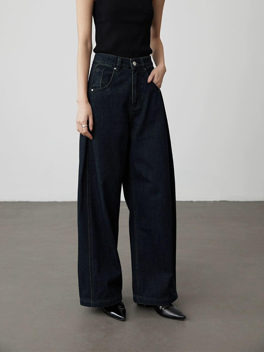 [Versatile pants type] CAREMIND dark blue high-waisted A-version wide-leg jeans, meat-covering and thin straight pants