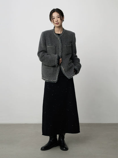 CAREMIND Suli Alpaca Light Ripe Small Fragrant Wind - Chaqueta de manga larga cálida de felpa gris con cuello redondo para mujer 