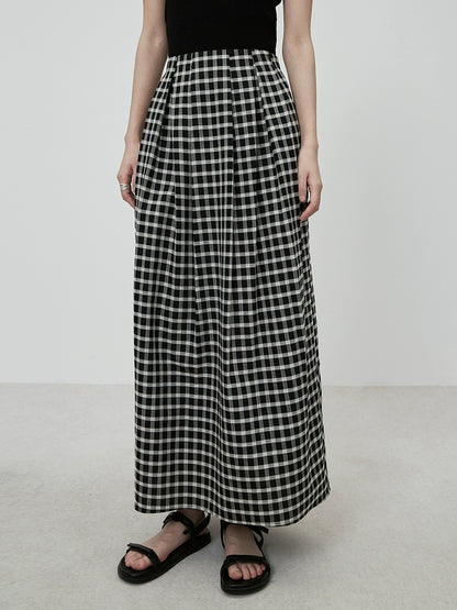 CAREMIND Falda a cuadros en blanco y negro estilo Hong Kong otoño nuevo diseño retro falda larga de cintura alta 