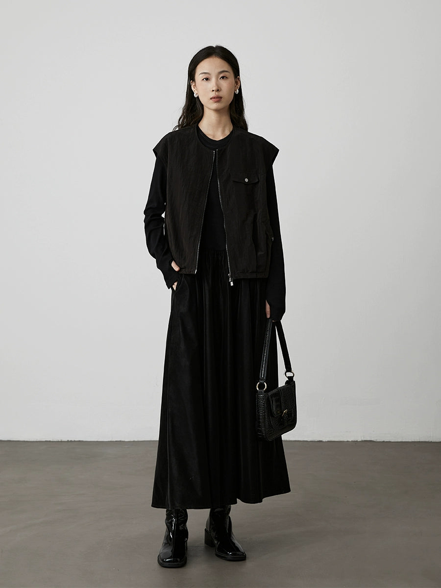 [Wanderer Vest] CAREMIND Black Japanese Tooling Short Vest Jacket Sleeveless Zipper Cardigan