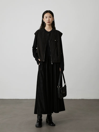 [Wanderer Vest] CAREMIND Black Japanese Tooling Short Vest Jacket Sleeveless Zipper Cardigan