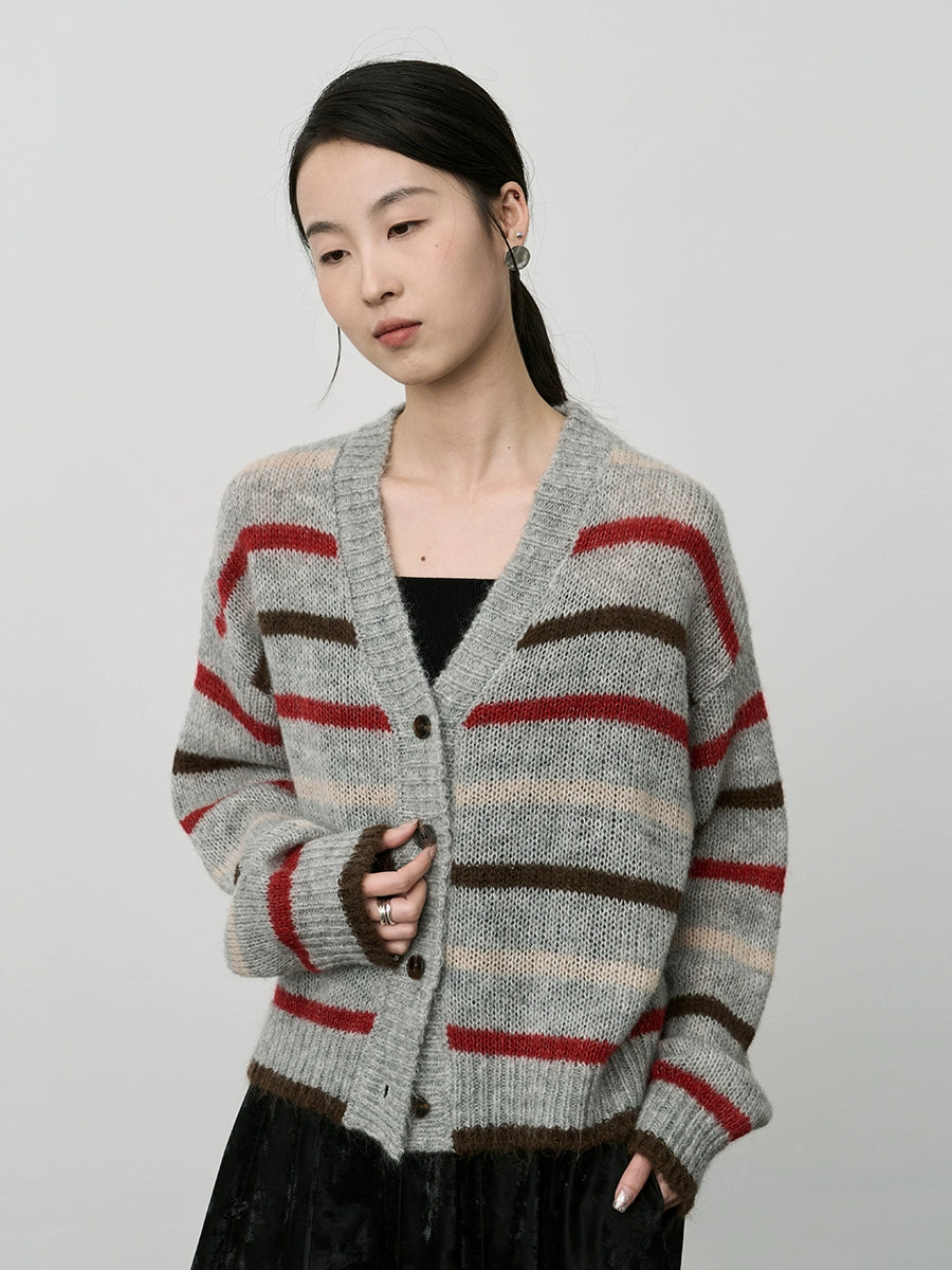 Chaqueta de punto con textura de mohair de primera calidad para mujer, cárdigan retro japonés de color contrastante de CAREMIND 