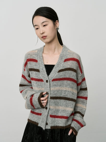 Chaqueta de punto con textura de mohair de primera calidad para mujer, cárdigan retro japonés de color contrastante de CAREMIND 
