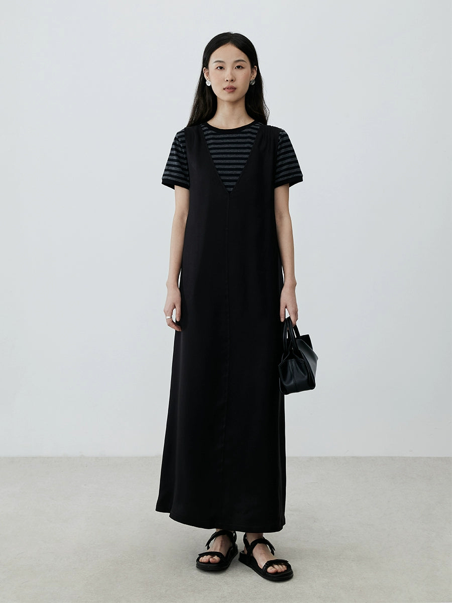 [Comfort Channel] CAREMIND Camiseta de manga corta con cuello redondo y rayas grises para mujer, top informal ajustado con hombros descubiertos para otoño 