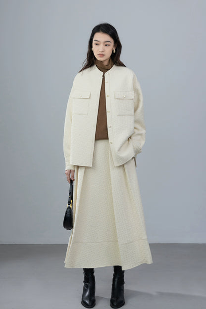 [Oferta por tiempo limitado] Conjunto de chaqueta y falda plisada con doble bolsillo y estampado en relieve para mujer de CAREMIND 