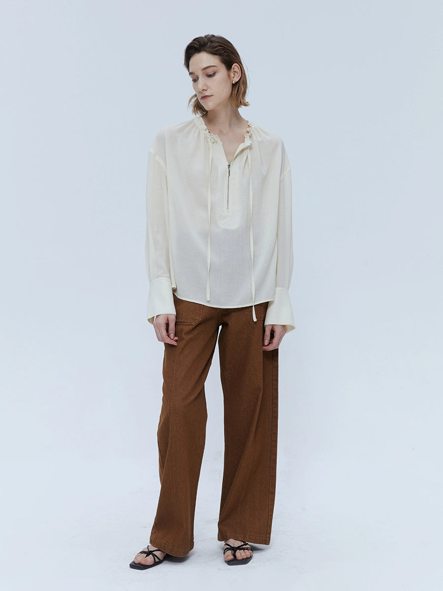 [Oferta especial por tiempo limitado] Camisa con cordón y cierre de cremallera semitransparente de ácido acético ligera y fina para mujer, diseño plisado, para uso informal 
