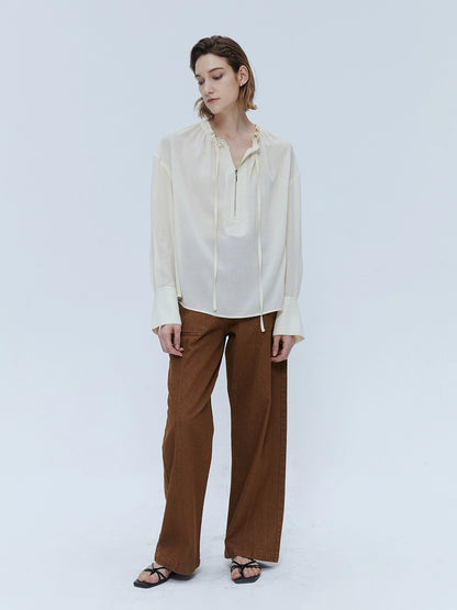 [Oferta especial por tiempo limitado] Camisa con cordón y cierre de cremallera semitransparente de ácido acético ligera y fina para mujer, diseño plisado, para uso informal 