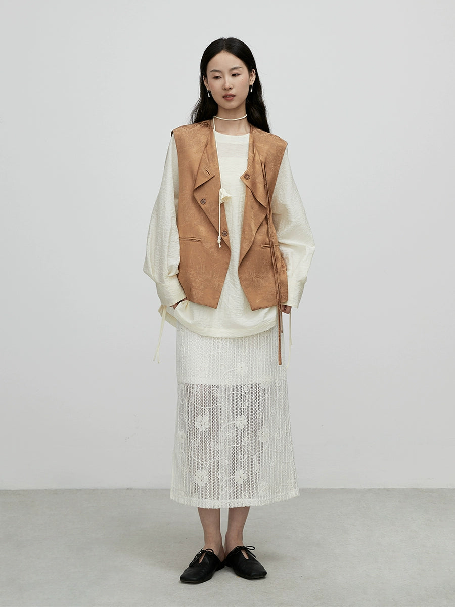 [Falda de flores] Falda de temperamento intelectual CAREMIND, diseño de patrón de industria pesada con bordado de encaje, falda mediana y larga 