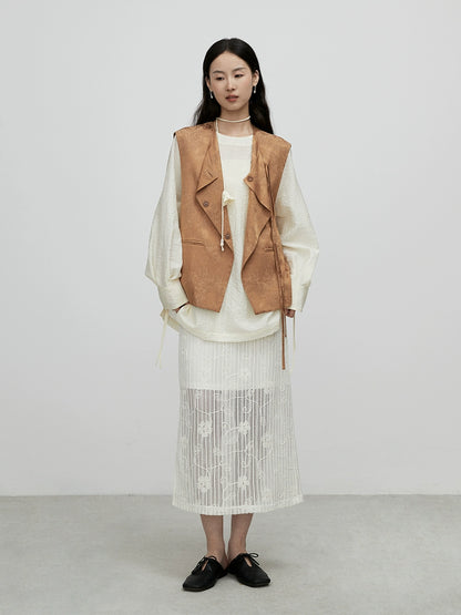 [Falda de flores] Falda de temperamento intelectual CAREMIND, diseño de patrón de industria pesada con bordado de encaje, falda mediana y larga 