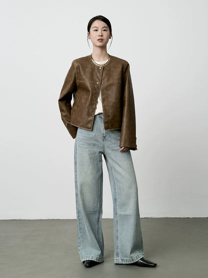 CAREMIND Chaqueta corta de cuero con cuello redondo Chaqueta corta premium Maillard Retro Wear para mujer 