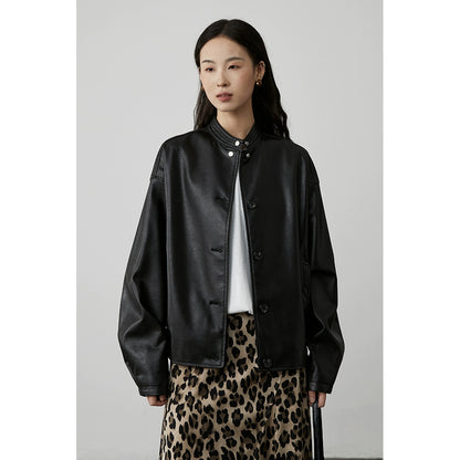 CAREMIND Chaqueta de cuero negra de temperamento retro estilo Hong Kong 2024 nueva chaqueta de cuero con silueta de agua de lavado superior simple 