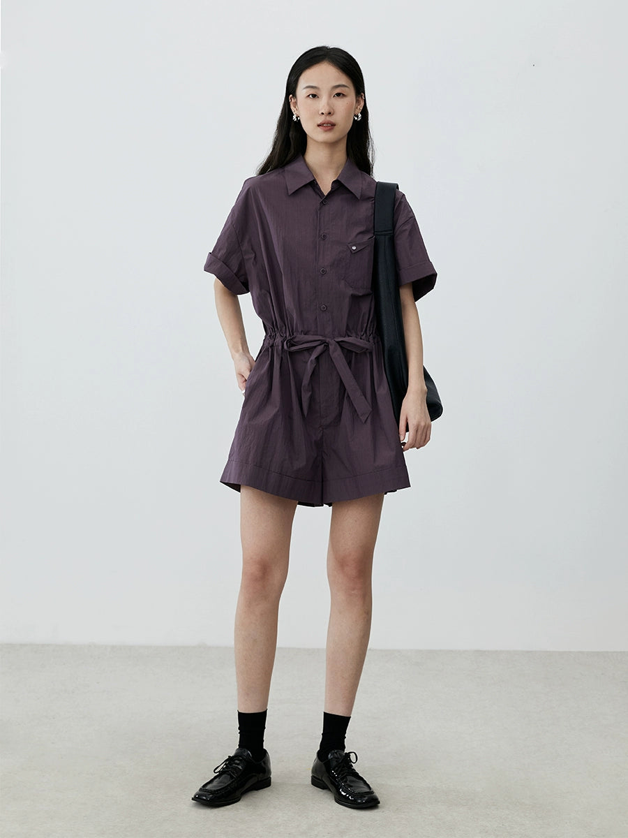 [Travel jumpsuit] CAREMIND grape purple jumpsuit summer and Korean version polo lapel top waist shorts