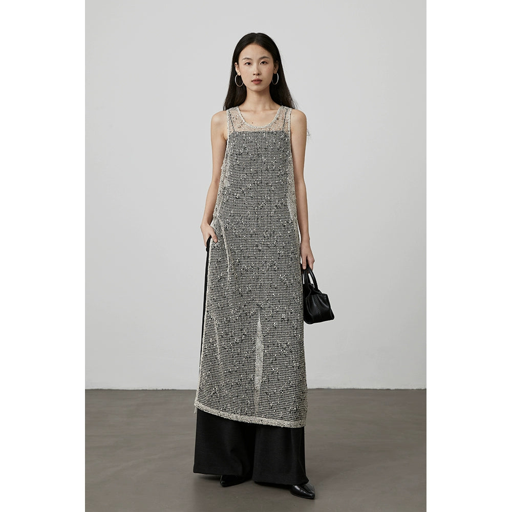 [Stack good things] CAREMIND caramel hollow stacked vest blouse split sleeveless dress