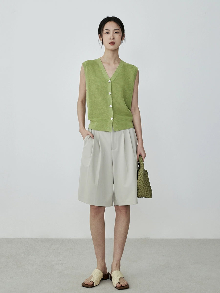 Pantalones anchos de pierna de traje de albaricoque CAREMIND, pantalones de cinco puntos, pantalones cortos casuales de cintura alta y pierna ancha de verano para mujer 