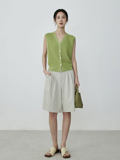 Pantalones anchos de pierna de traje de albaricoque CAREMIND, pantalones de cinco puntos, pantalones cortos casuales de cintura alta y pierna ancha de verano para mujer 