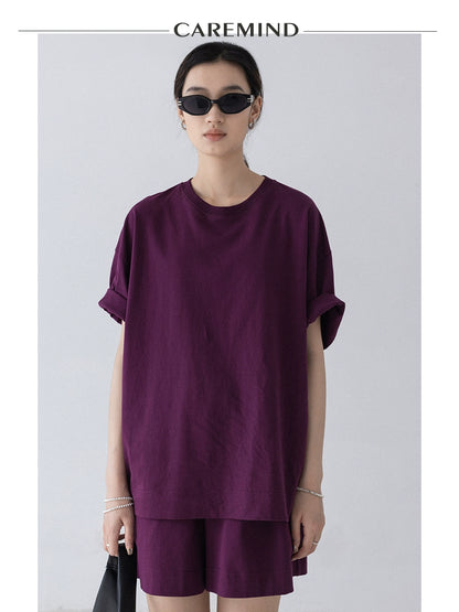 [Oferta especial por tiempo limitado] Diseño nuevo de verano simple ahumado morado cuello redondo suelto perezoso camiseta de manga corta traje de mujer 