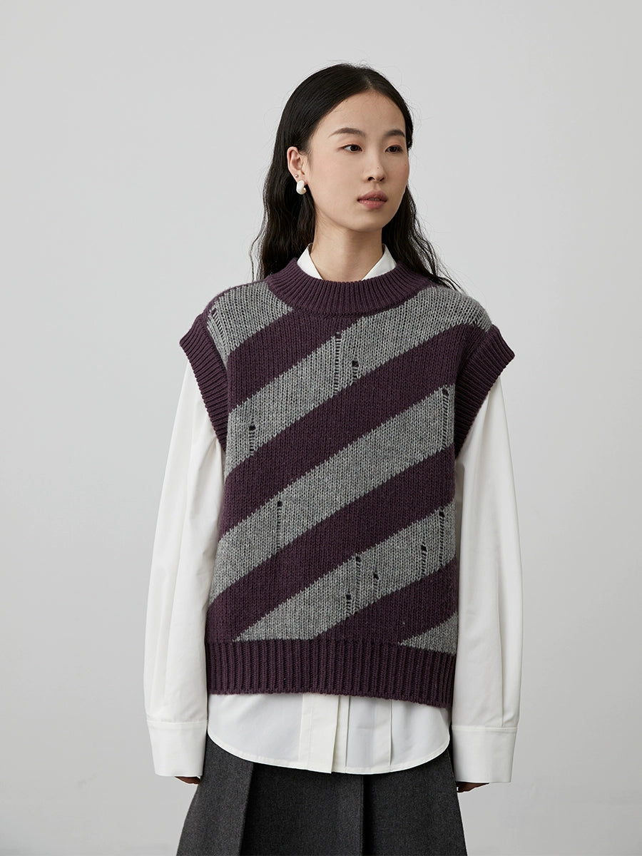 [Quartet] Chaleco de punto con cuello redondo y rayas retro de CAREMIND con contraste de colores apilados, chaleco de punto con gancho para mujer 